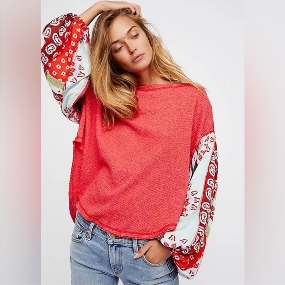 Free People We The Free Blossom Patchwork Balloon Sleeve Boho Thermal Top